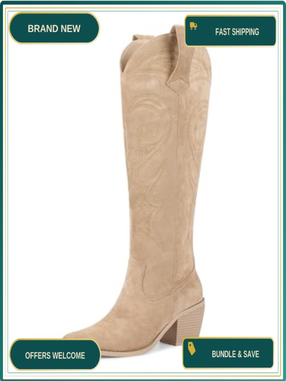 Faux Suede Western Embroidered Knee High Cowboy Boots with Mid Heel